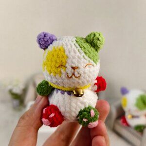 Handmade Amigurumi Crochet Purple and Green Smiling Cat Plushie